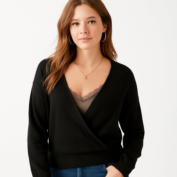 Urban Outfitters V-Neck Cross-Over Sweater - Black Size Small - Picture 1 of 5